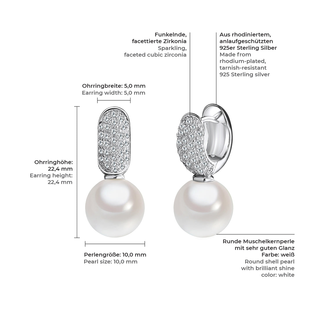 Ohrhänger Sterling Silber Südsee-Muschelkernperle weiß Zirkonia weiß